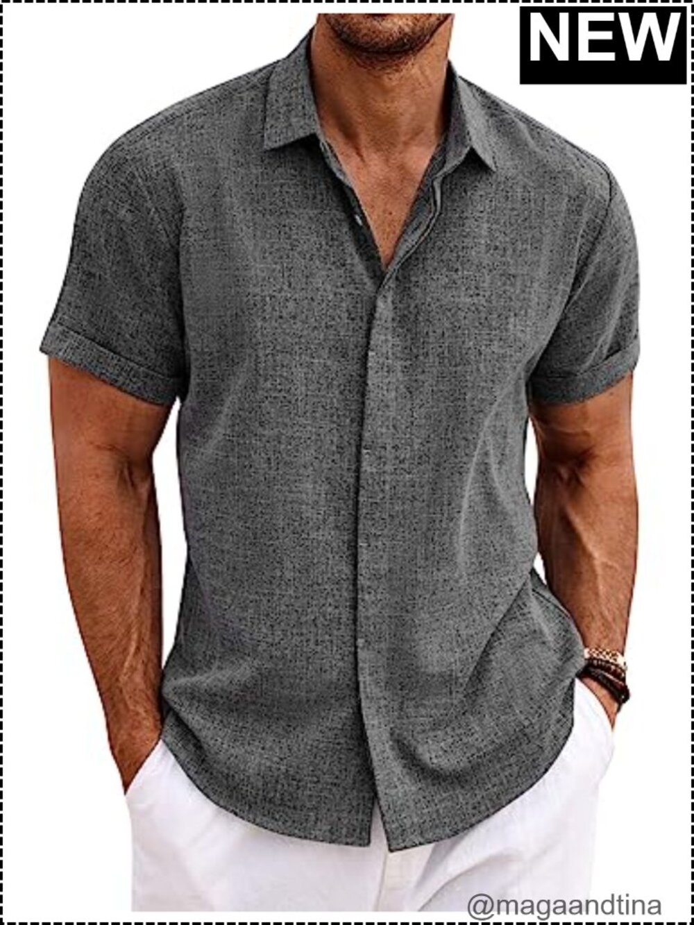 Men's Cotton Linen Short Sleeve Button Down Shirt Casual Summer Beach Wedding